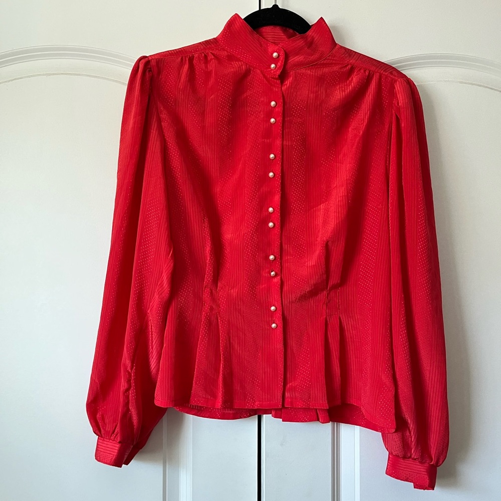 Vintage Tailored Red Blouse with Pearl Buttons